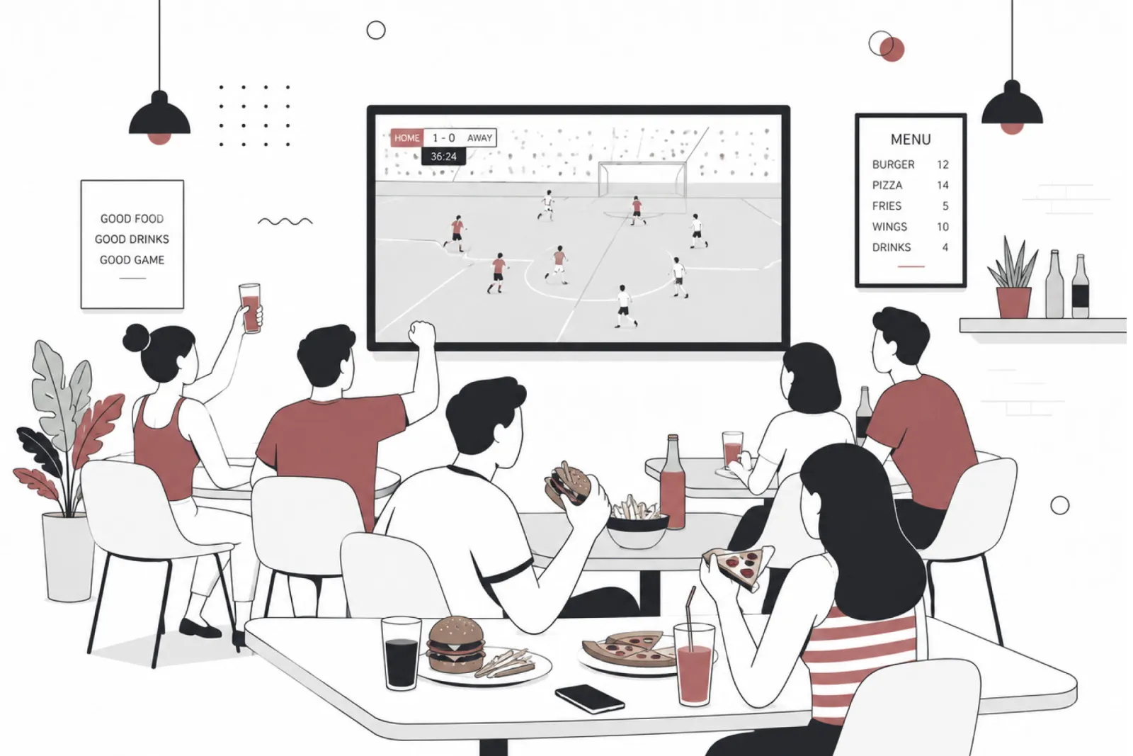 Crowd watching a soccer match on screens at a local restaurant